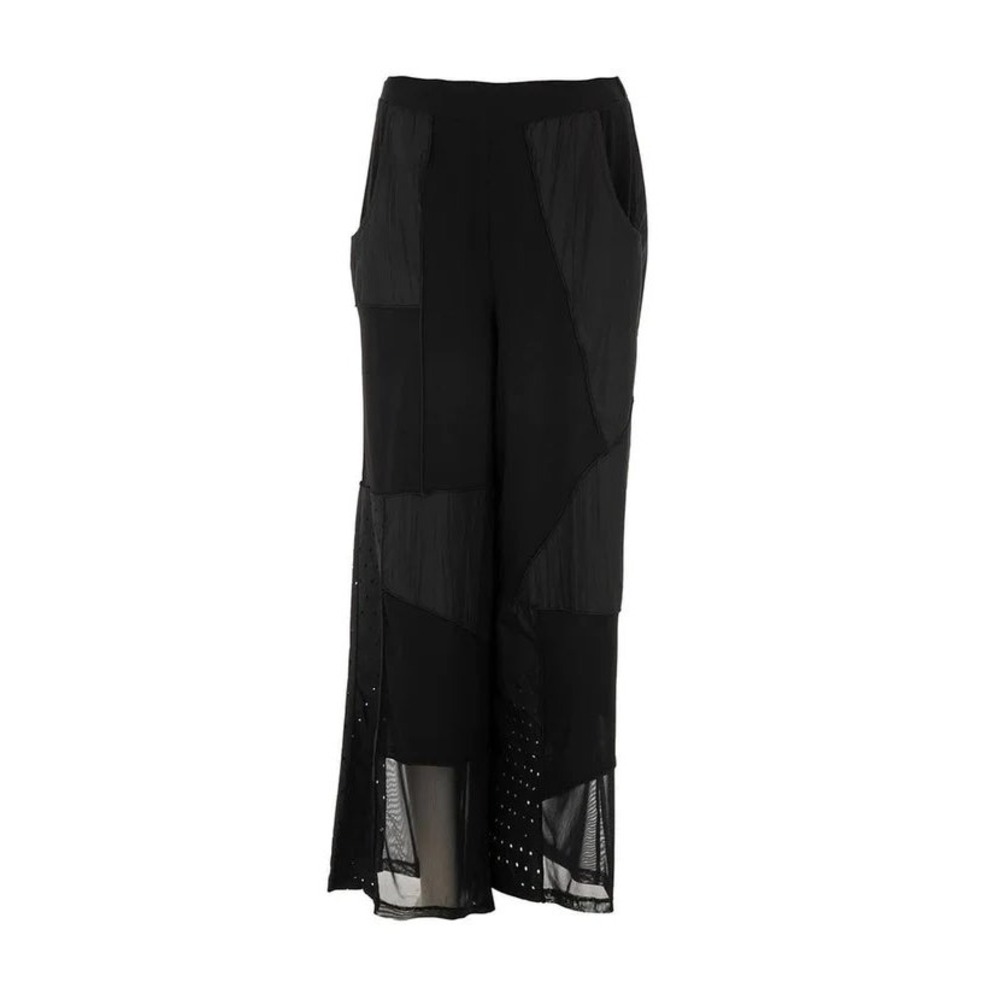 Kozan Amora Wide Leg Patchwork Pants Black Mixed Media Mesh Pleated - Medium